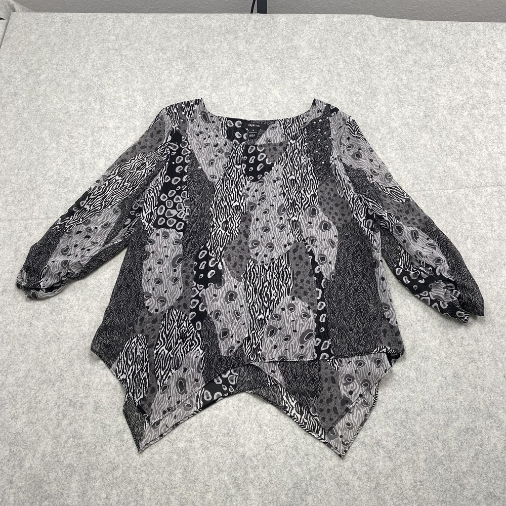 Style & Co. Blouse Womens Medium Black Animal Print 3/4 Sleeve Tunic Chiffon